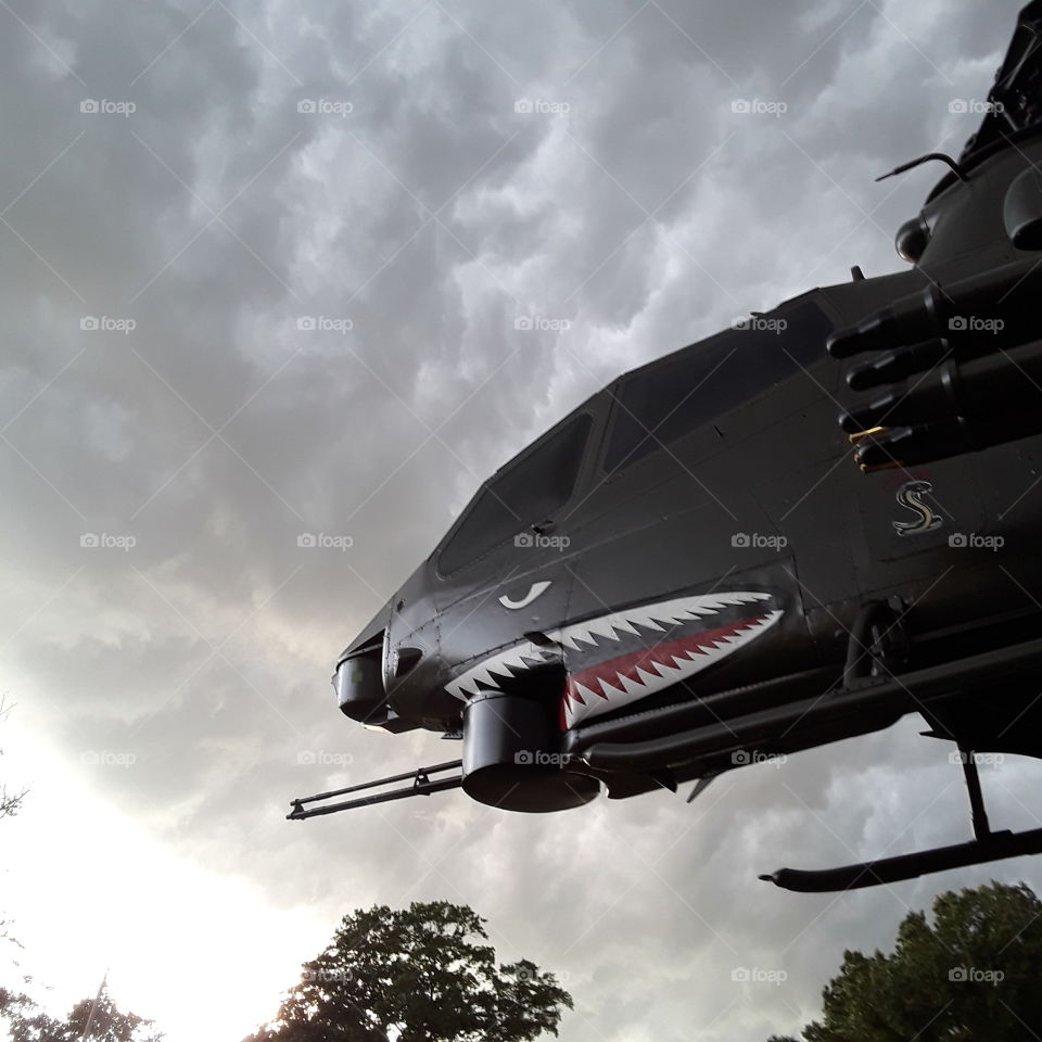 Helicopter at Veterans Memorial Park before a storm