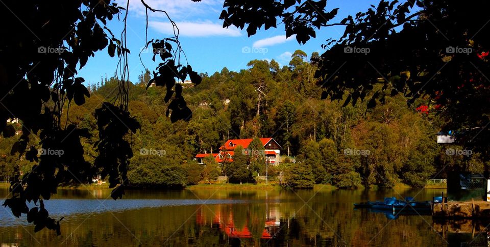 View of houses on shore of lake