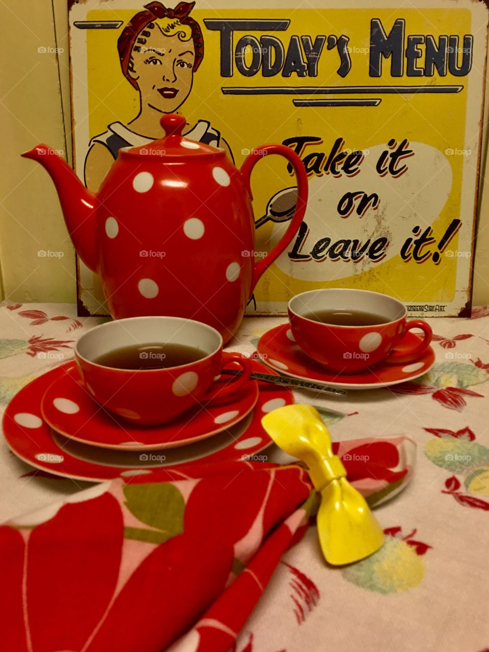 Vintage photo with red vintage polkadot tea set. 