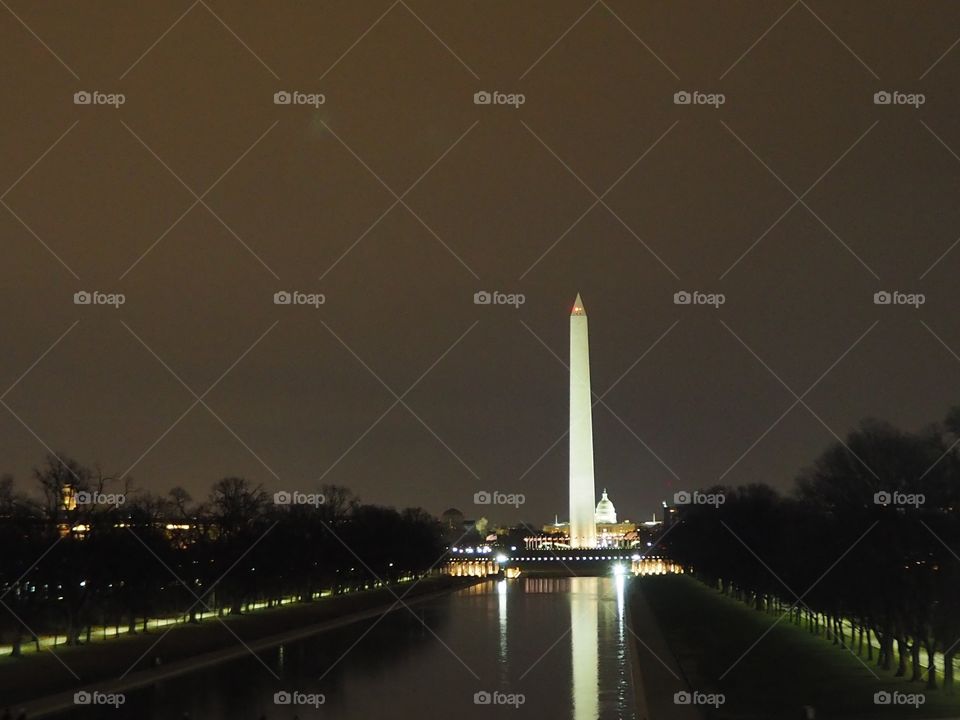 The Washington Monument, U.S. Capitol, and the Reflecting Pool from the Steps of the Lincoln Memorial.