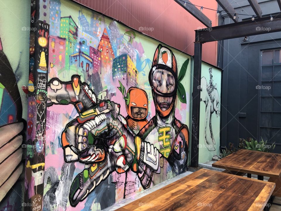 A portion of David Choe’s mural on the wall of David Chang’s restaurant near Chinatown in Los Angeles 
