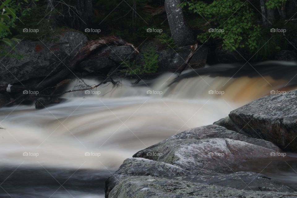 Small waterfall in the river flowing through the forest.