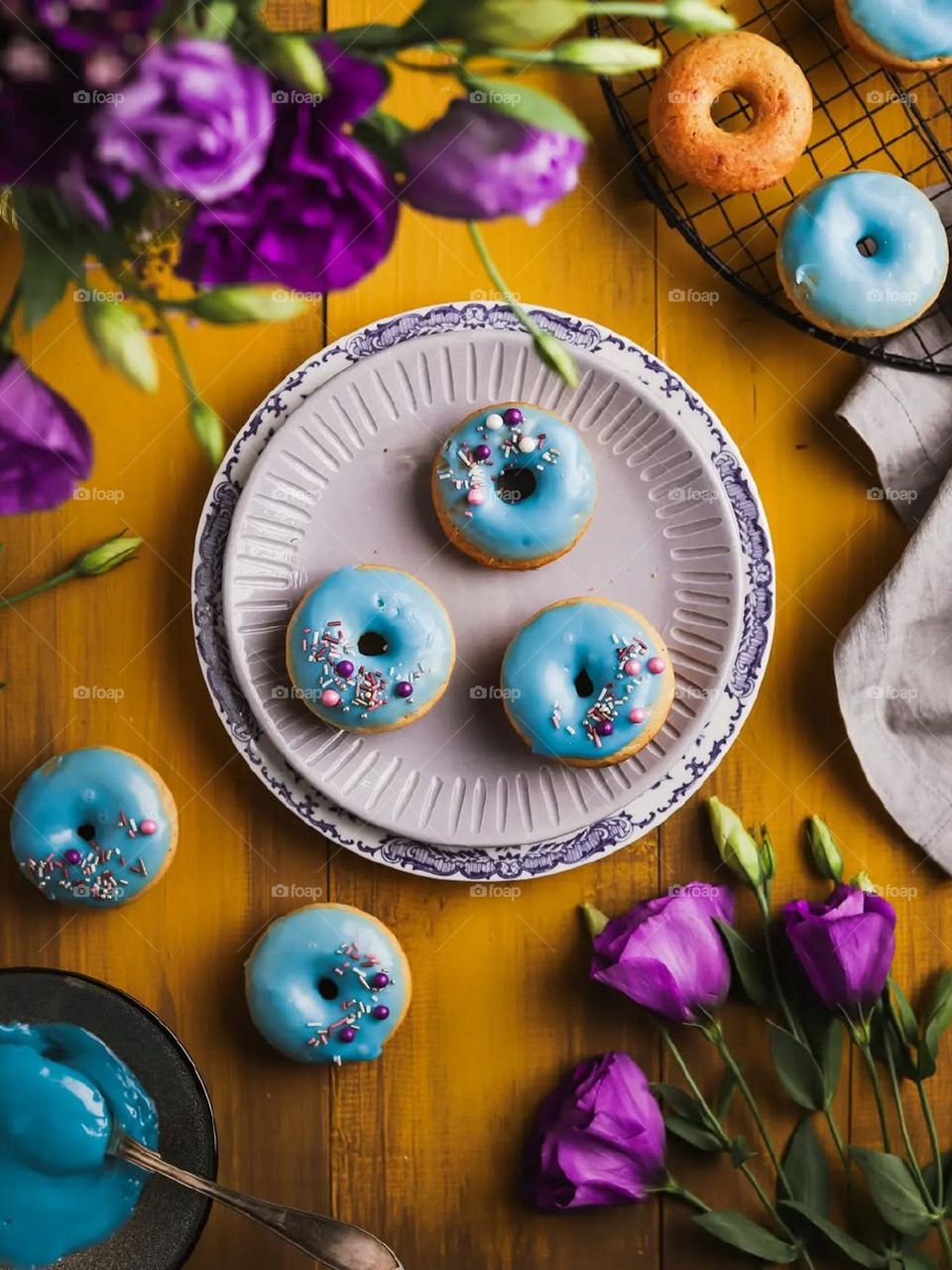 Blue for peace! Yellow for Joy and purple for rarity! Delicious Doughnuts with complementary color design..