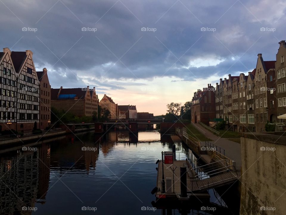 Sunset over the river channel in Gdansk