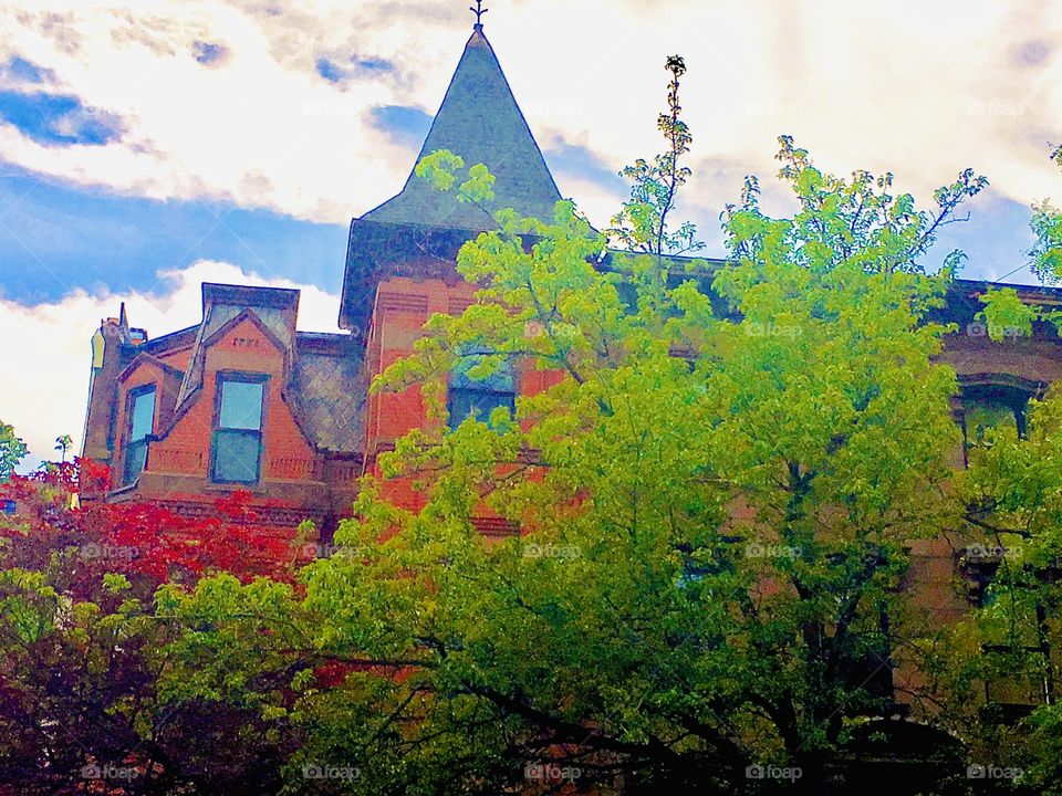 An old fashioned Fort Greene, Bklyn brownstone with adjacent tower, a steeple style pointy roof. Another offset part of the house has unusual detail: a stepped rooftop, behind it a chimney. Lush greenery in the foreground. 2019, Hypnotic Productions