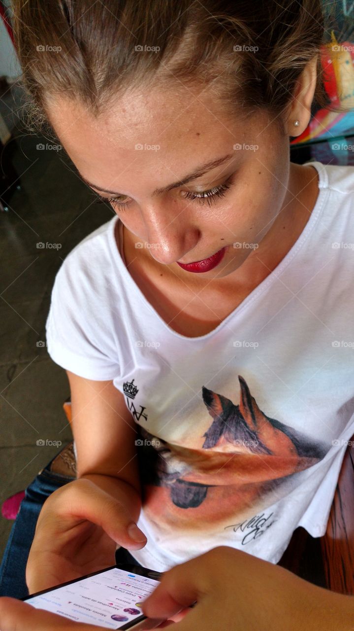 Rosto, menina, moça, modelo, celular...