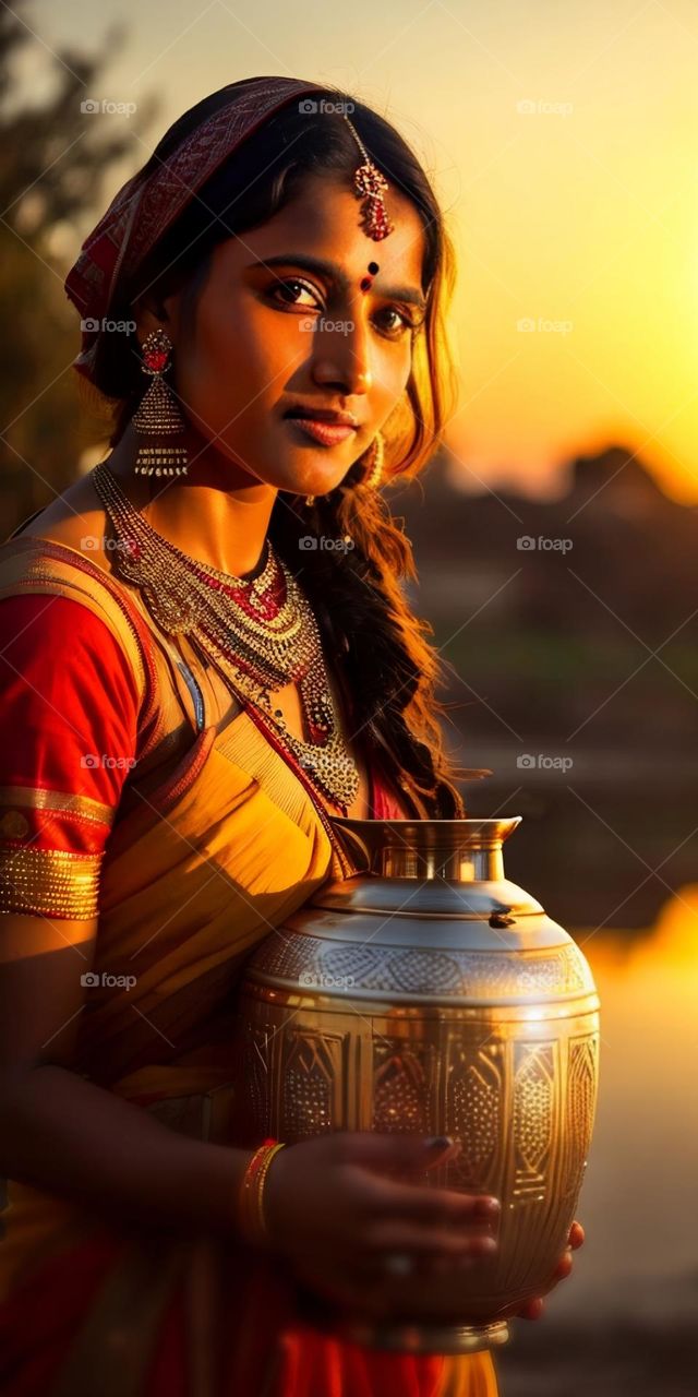 photography of beautiful Indian Village woman with pot in sunset
