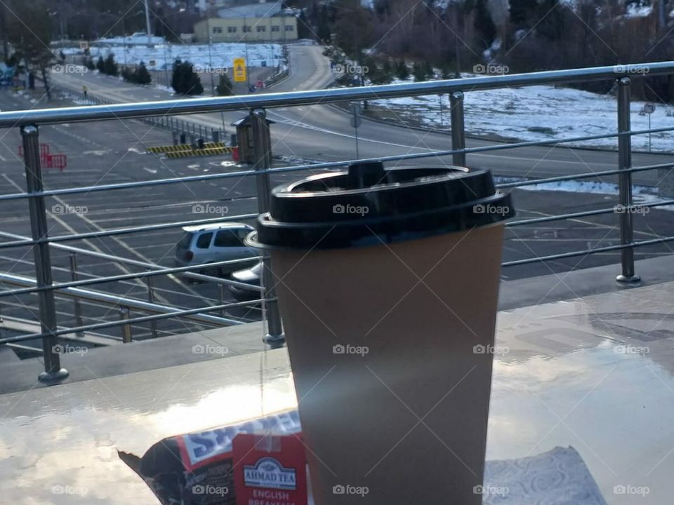 Hot coffee on a frosty sunny day