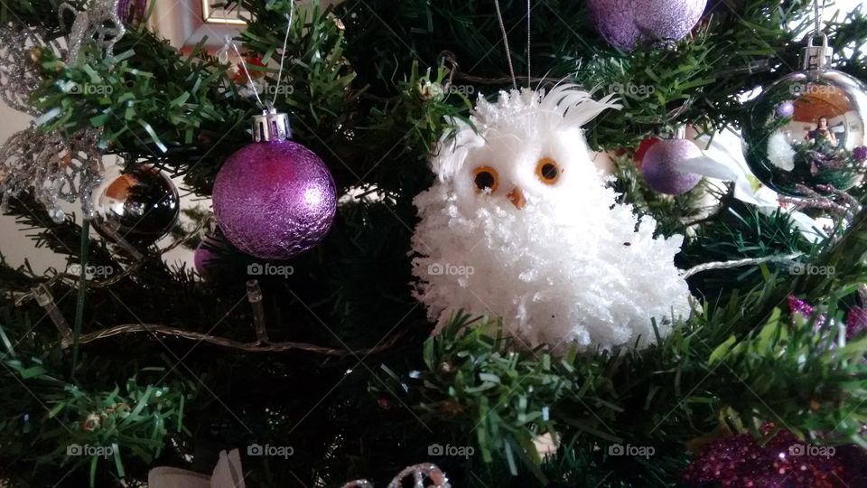 cute fake owl on Christmas tree ABS purple André silver ornaments