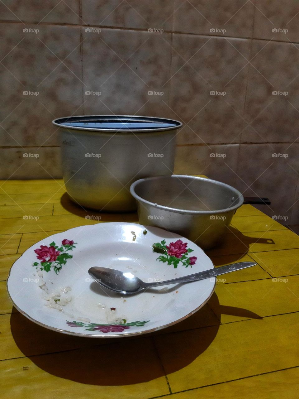Three things found in kitchen: an empty plate and its spoon, and two pans