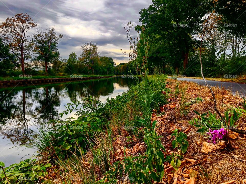 Dark fall foliage and colors under a dark grey Cloudy sky in a Countryside river landscape 