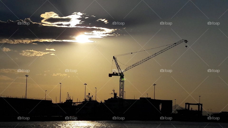 Sunset, Sky, Industry, Crane Bird, No Person