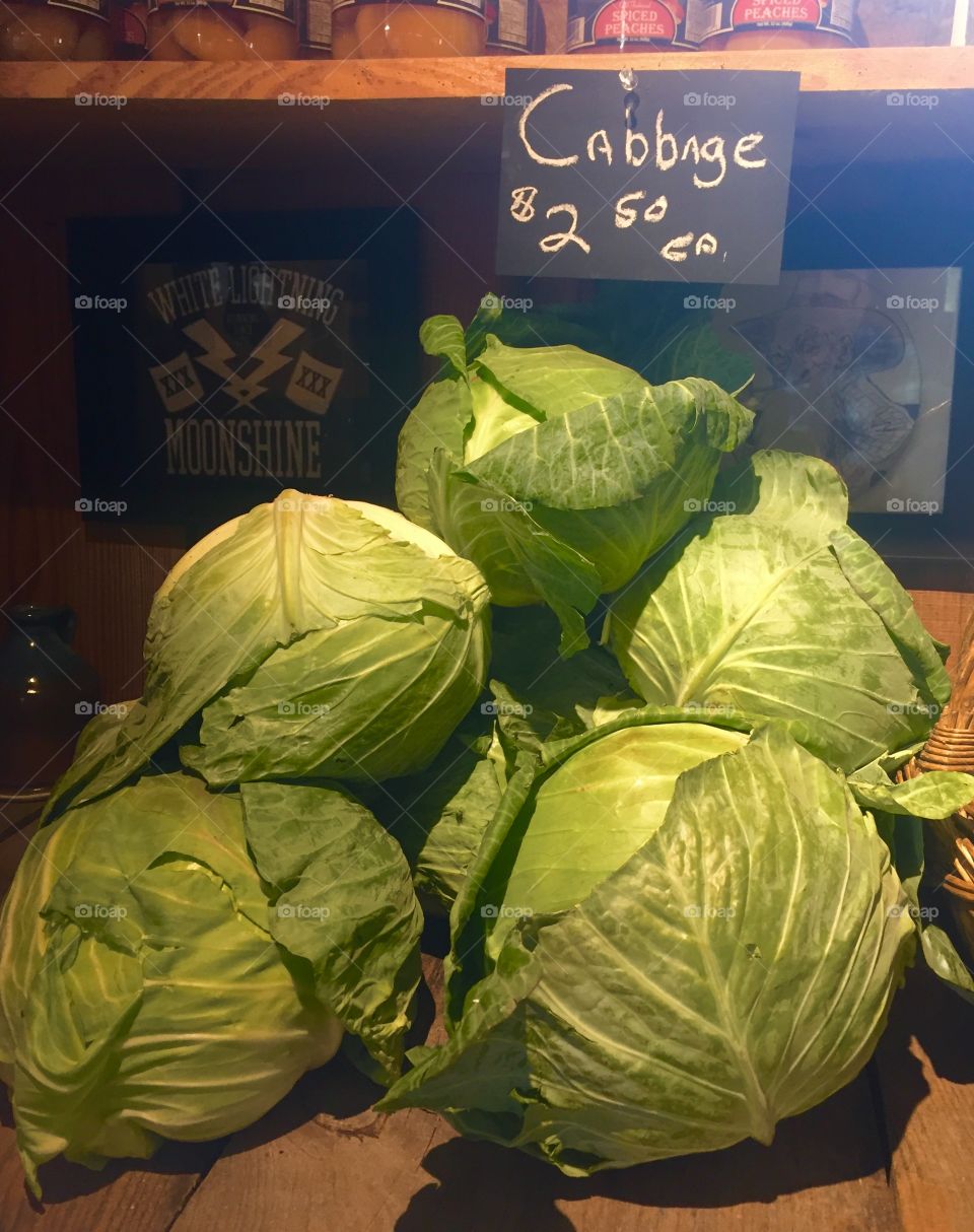 Heads of cabbage for sale at a country store.