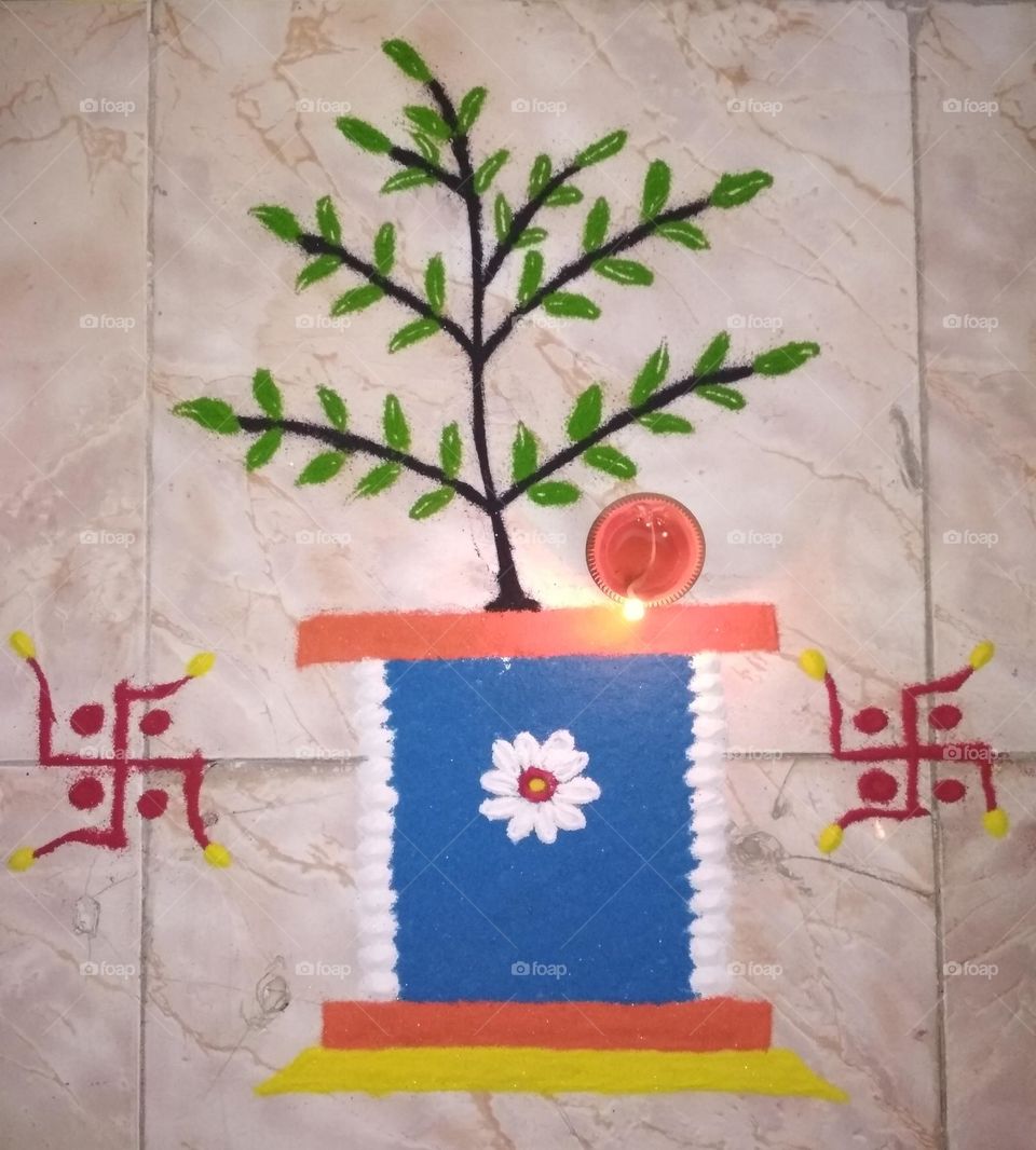 Beautiful Rangoli made on the occasion of diwali | Indian traditional art | Tulsi plant Rangoli