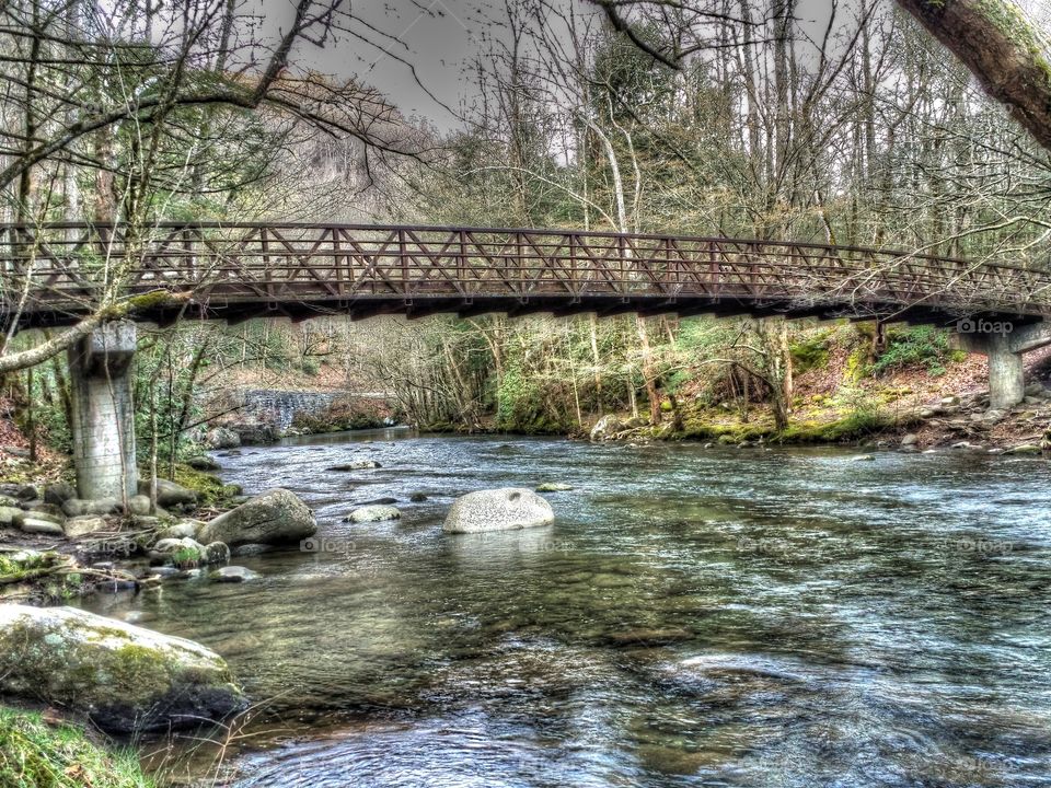 Bridge over the Ocanaluftee River . Iconic pedestrian bridge over the Ocanaluftee River Great Smoky Mountains National Park 