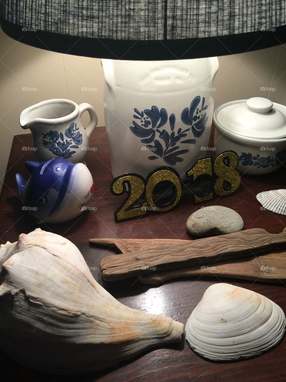 My collection of shells and pottery and driftwood