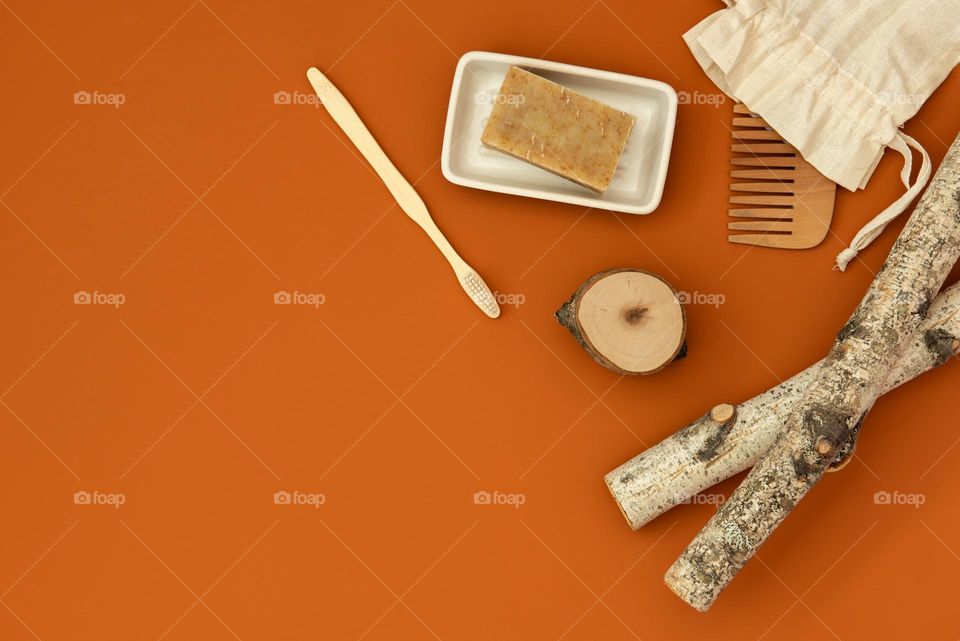Brown monochromatic flat lay of natural, green, eco friendly hygiene products 