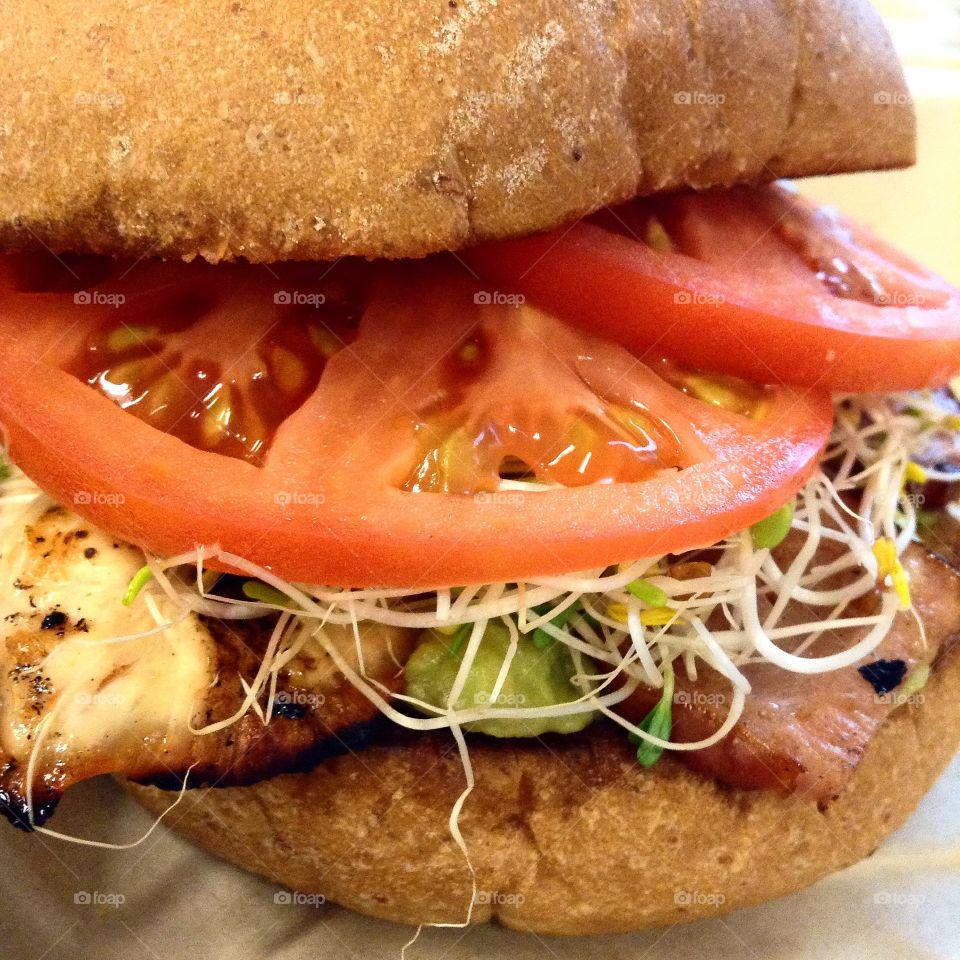 The Cupertino Burger. Grilled Chicken with sprouts, tomatoes, whole wheat bun, and chicken bacon