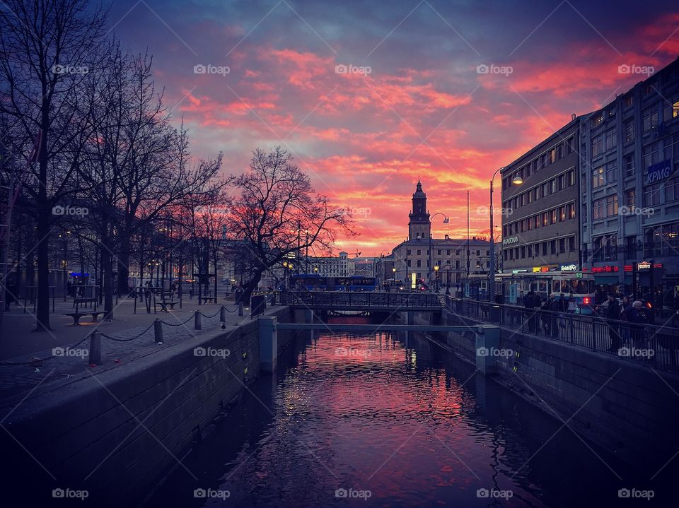 City, River, Water, Reflection, Sunset