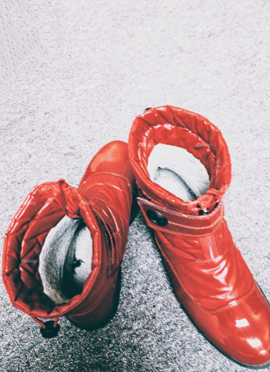 red boots to splash in the rain