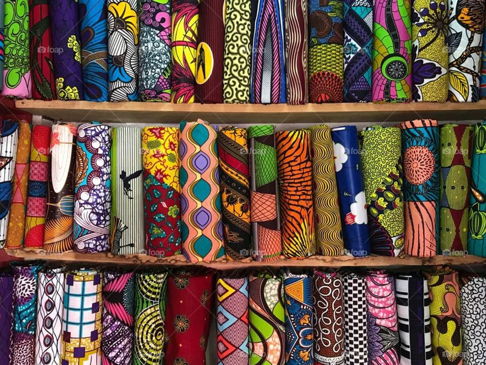 Beautiful and colorful tissue market in Abidjan, Africa.