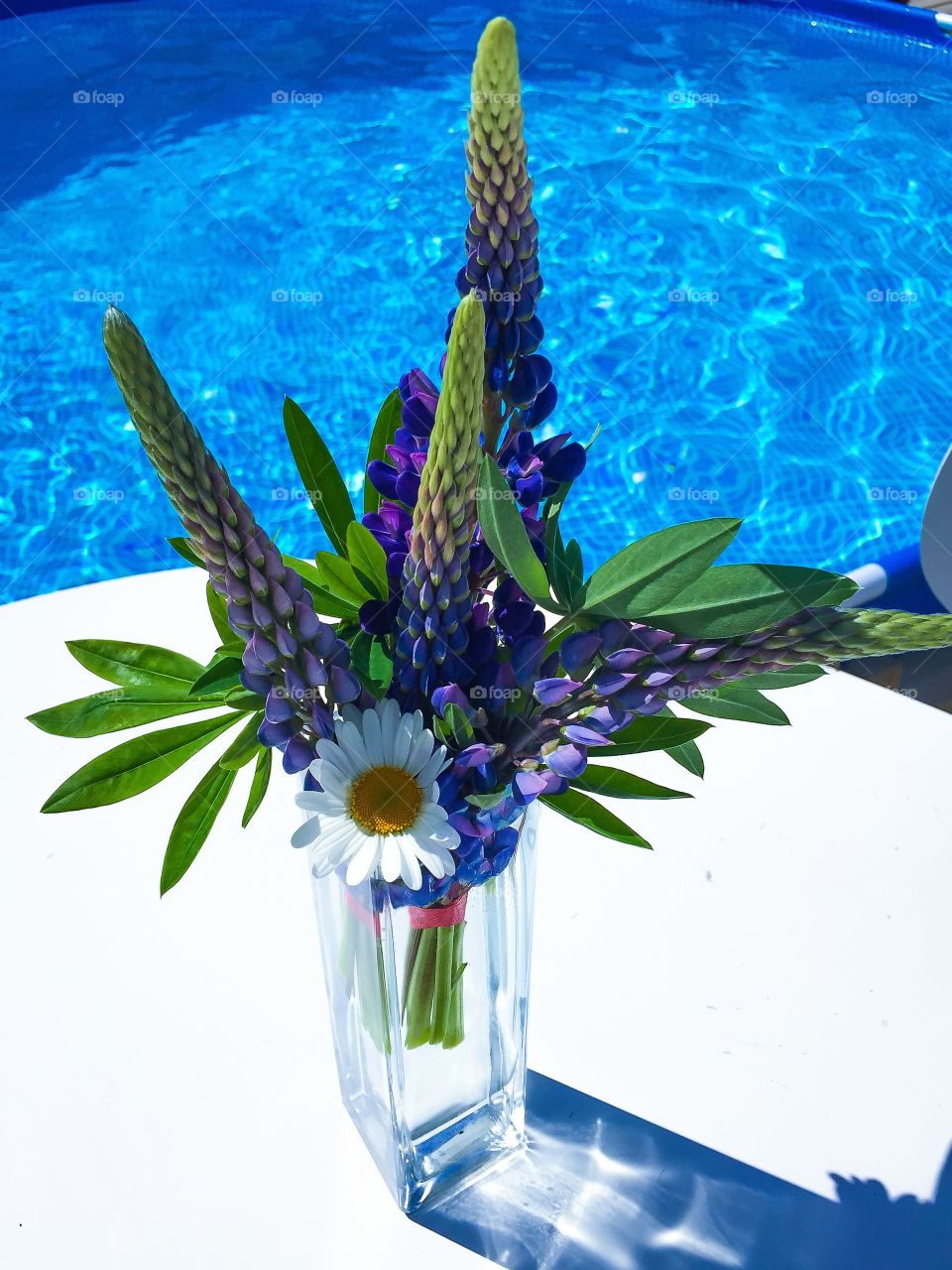 Flower pot on table near swimming pool