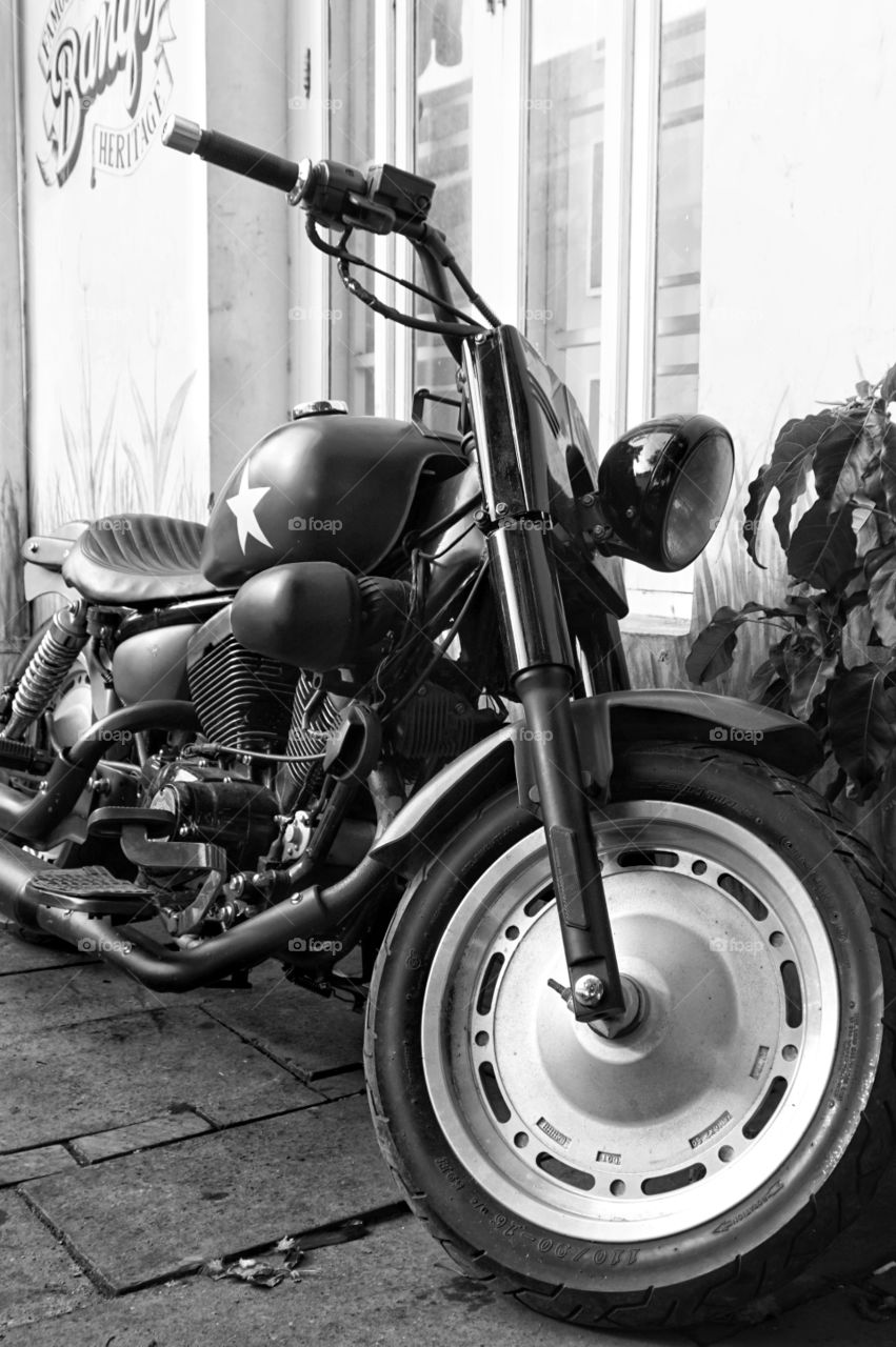 Harley Davidson motorbike in monochrome