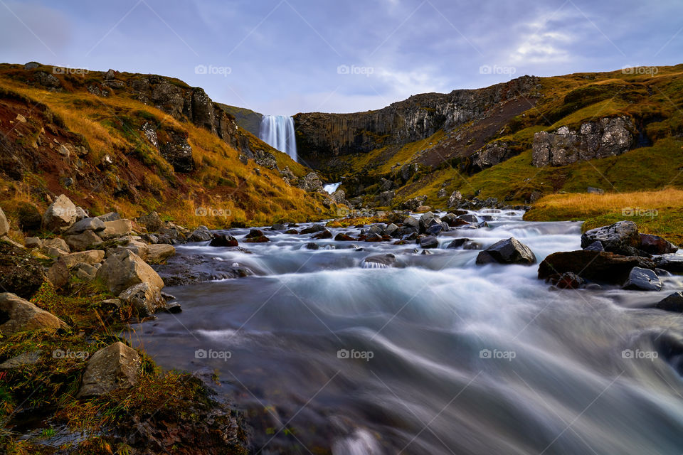 Dramatic Svodufoss waterfall with water of river Laxa dropping ten meters is located in Olafsvik Snaefellsnes which is peninsula in Western Iceland. Here photographed in early October 2019.