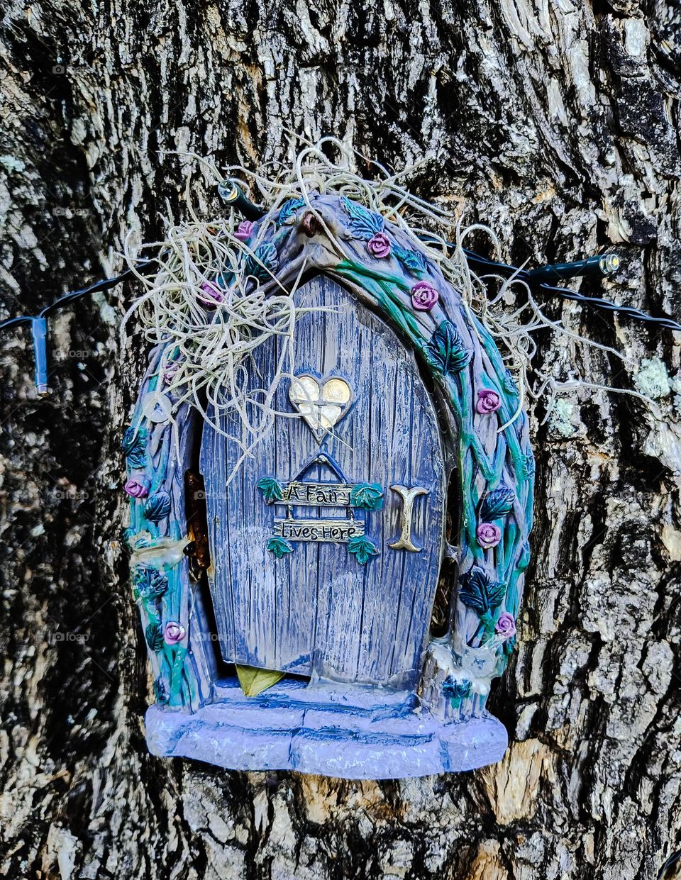 Blue fairy home in an old tree trunk.