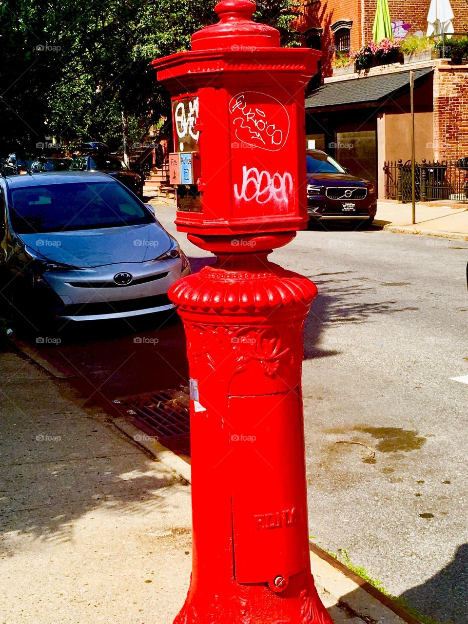This large bright red fire hydrant was found in “Clinton Hill”, Brooklyn. Its imposing shape makes a great photograph. 2020. Hypnotic Productions
