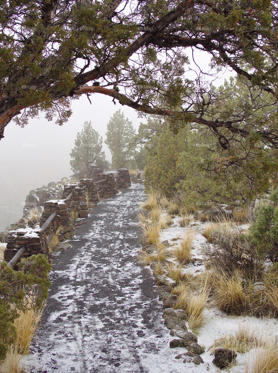 A gravel trail with rock pillars and wood rails along cliff side winds through a juniper forest at Smith Rocks State Park in Central Oregon on a foggy winter morning.