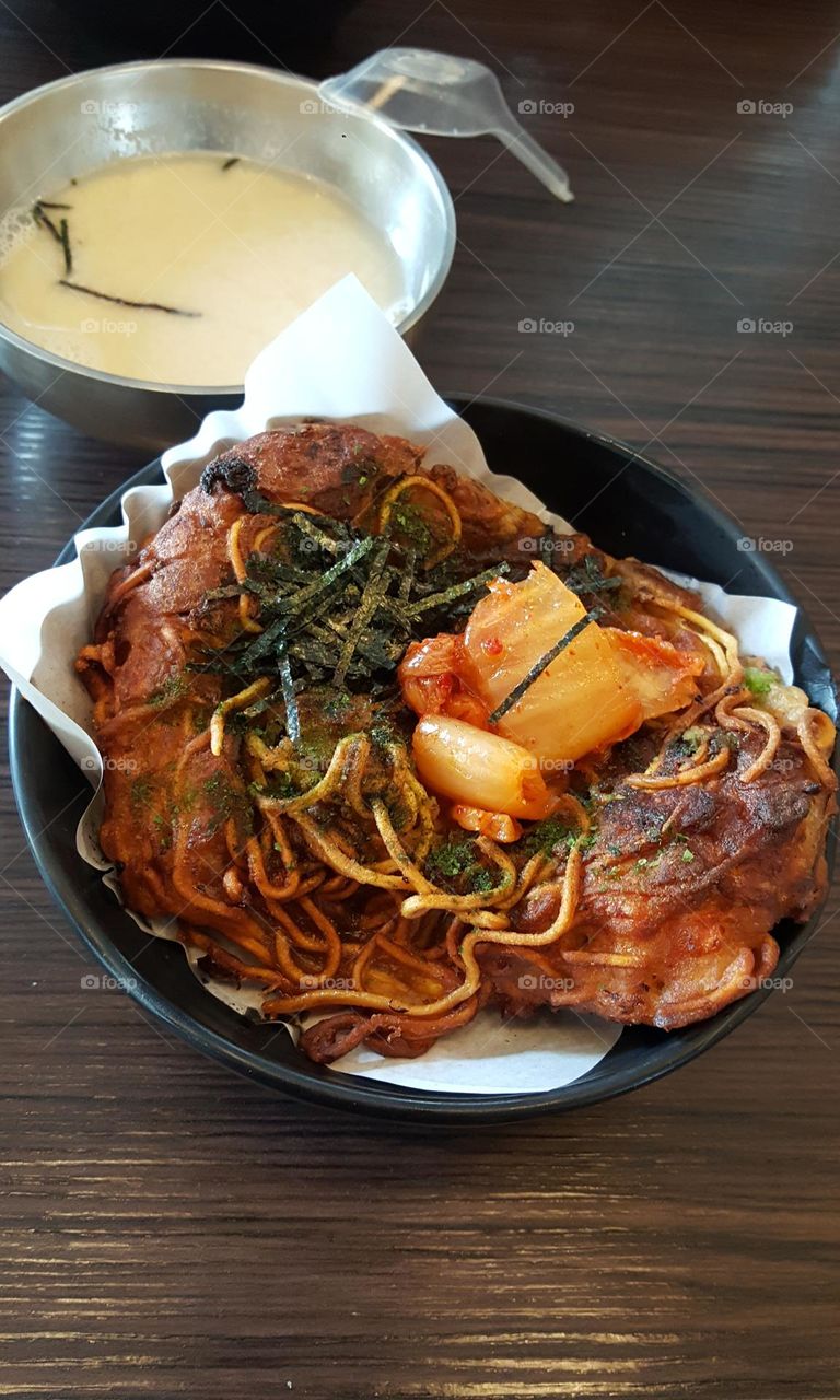 Hiroshima yaki with kimchi , and Miso soup