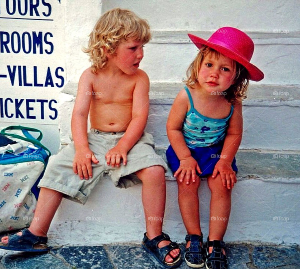 Two kids in Greece. Two small and cute kids traveling in Greece 