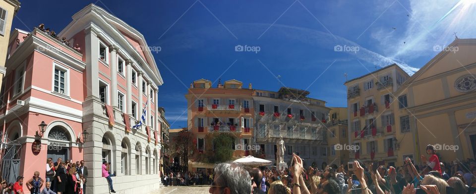 Smashing of clay pots on Easter Saturday in St Spiridon Square, Corfu Town, Greece