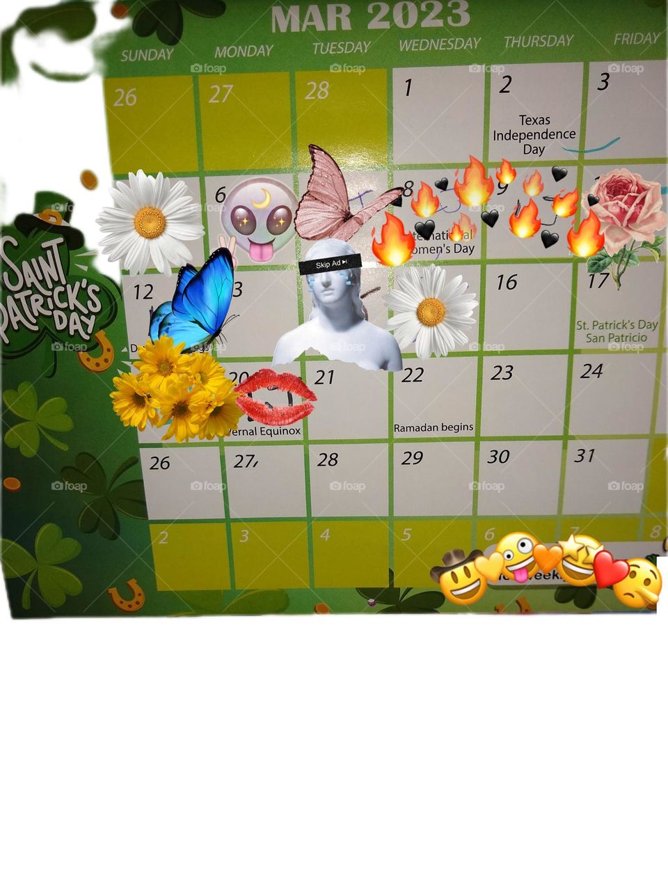 Saint Patrick's Day🍀 calendar page. Green and white, of course.