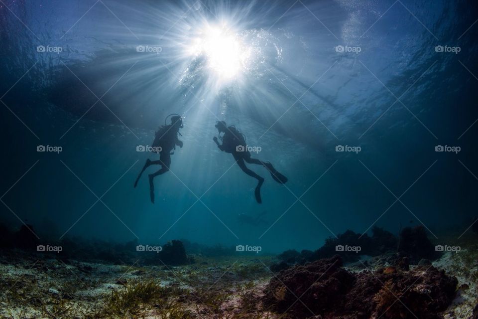 Divers hanging under a boat