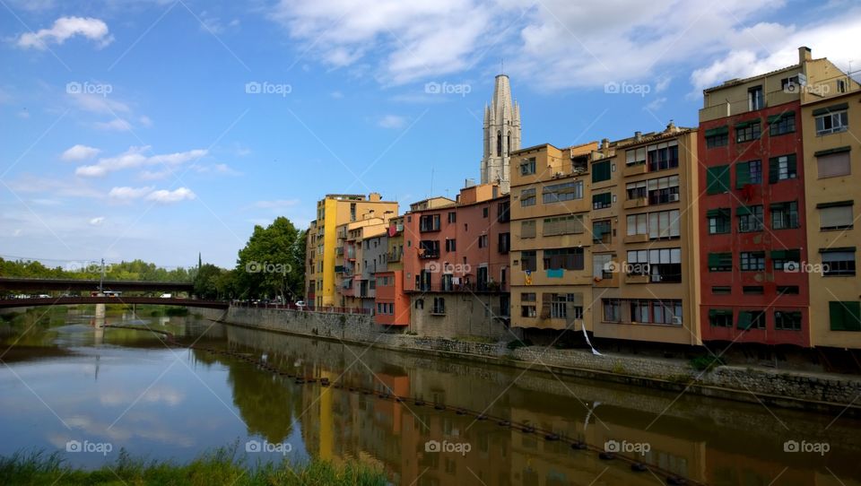 Landscape of Girona. View of the city of Girona from the bridge over the Onyar river