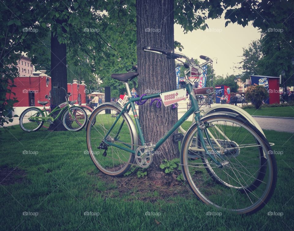 Colored electra bicycles on bosco fresh fest music festival in Moscow, Russia