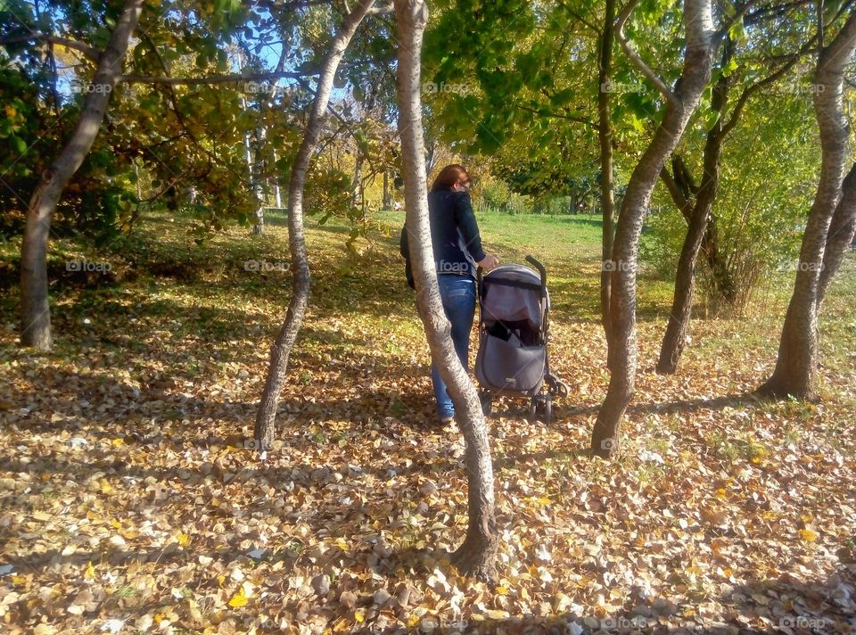 mom with a stroller in the park мама с коляской в парке