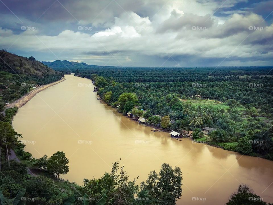 Aerial view of the Tapi River in Surat Thani, southern province of Thailand