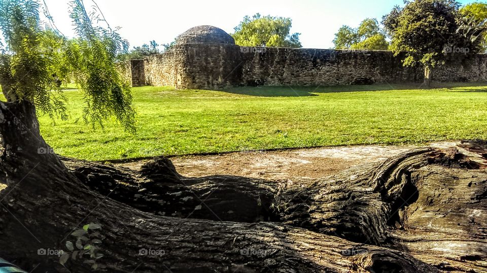 Spanish Mission outside view at sundown next to a mature mesquite tree