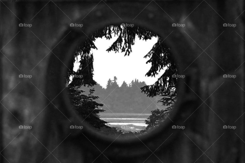 Black & white shot through a porthole on a wooden door on a rural property. The focused scene through the porthole is some tidal flats with a tree line behind the flats. The porthole is framed with fir tree branches just behind the door. 