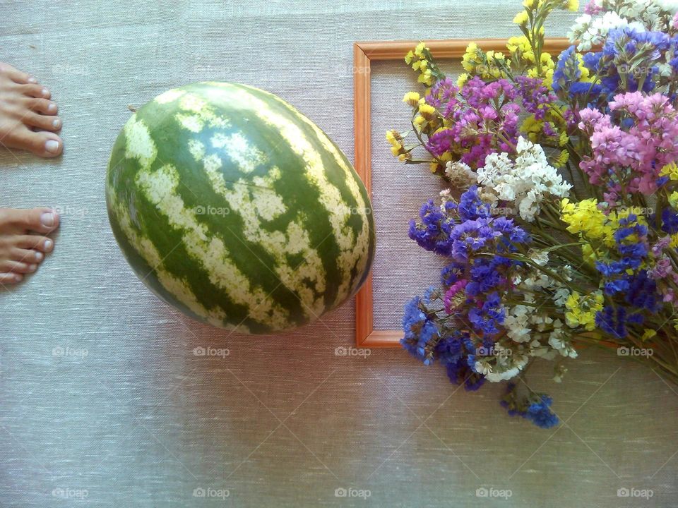 watermelon and colorful flowers