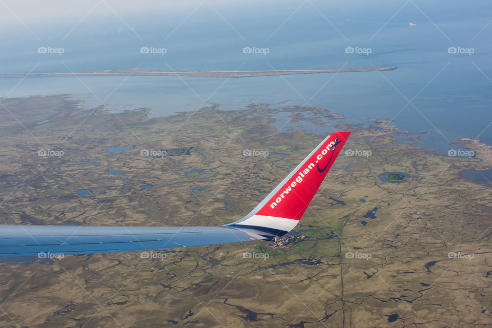 View from airplane window. Landscape over Öresund between Denmark and Sweden.