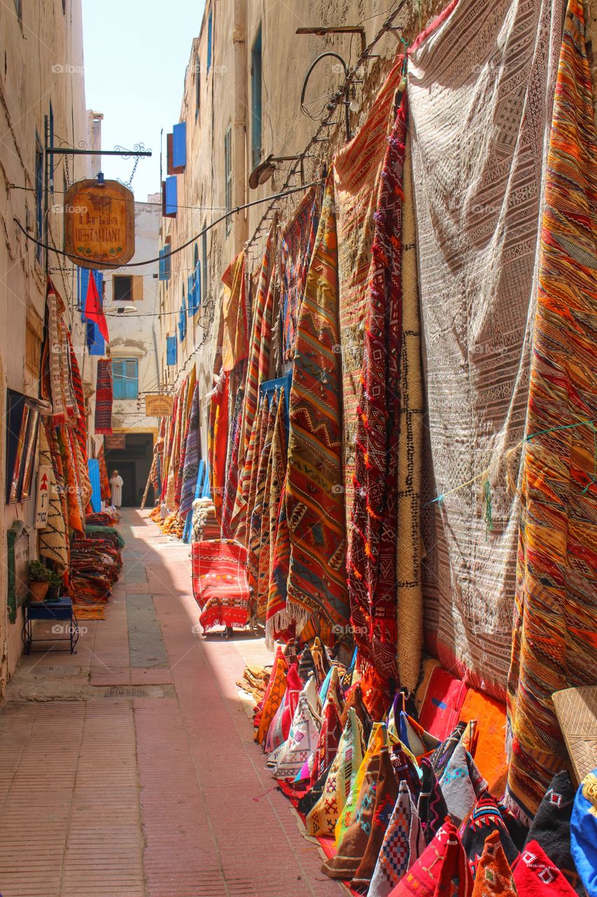 Carpet sellers, morocco. Alley lined with carpets for sale. Essaouira, morocco.