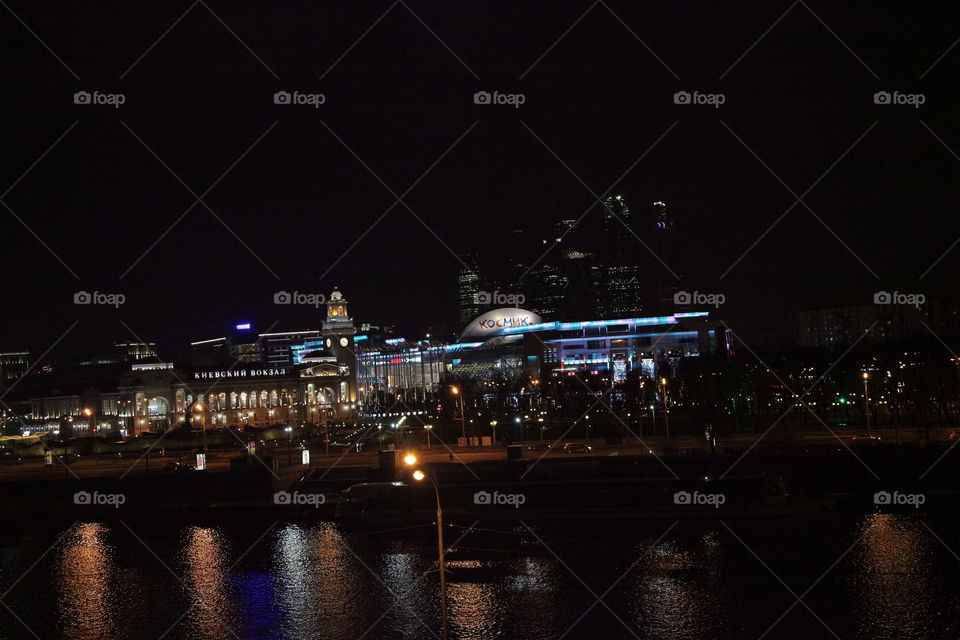 Berth, sunset, river,  Moscow, city, night city, Moscow does not sleep