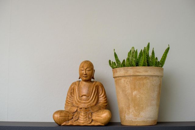 Buddha on a wooden shelf and a pot with a plant against the wall. Wooden Buddha. Mindful, meditative