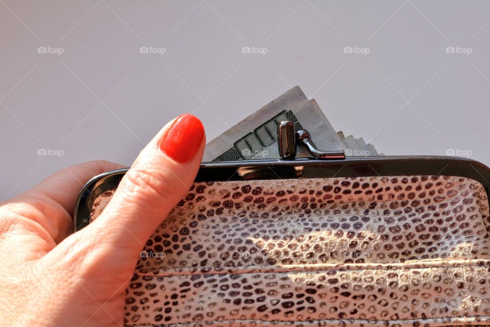 purse with dollars money on a white background top view