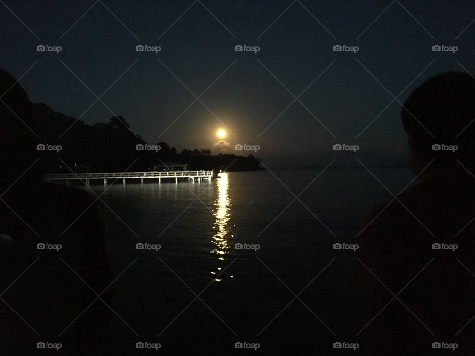 Moonrise over the water on the coast.
