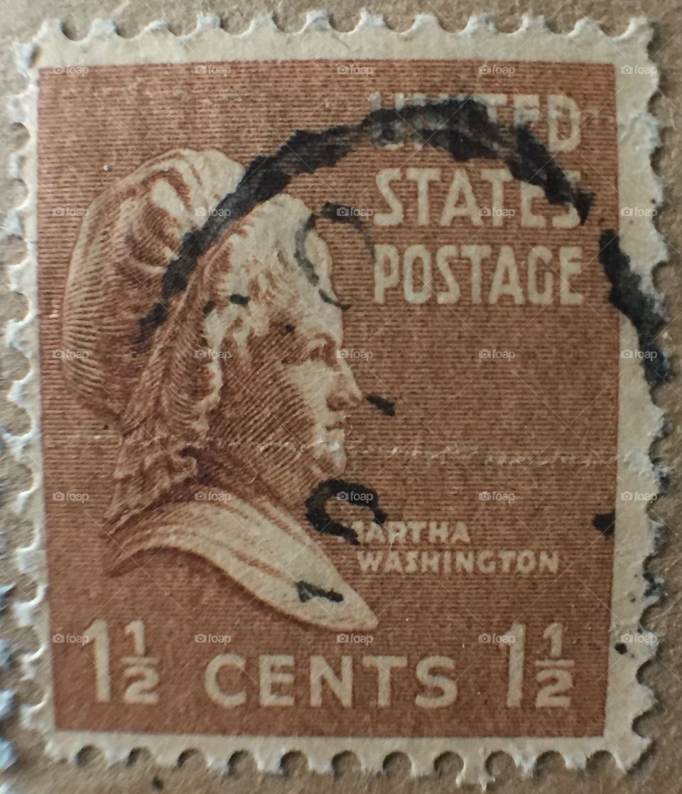 Martha Washington brown ink stamp. One and a half cent stamp. United States postage
